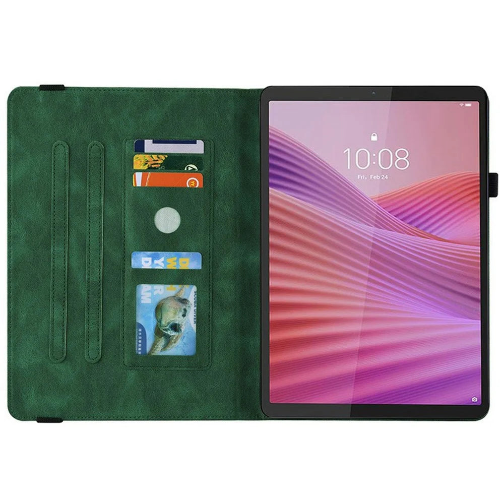 For Lenovo Tab K9 Case Butterfly Flower Imprint PU Leather Tablet Cover with Card Slots - Green - 2