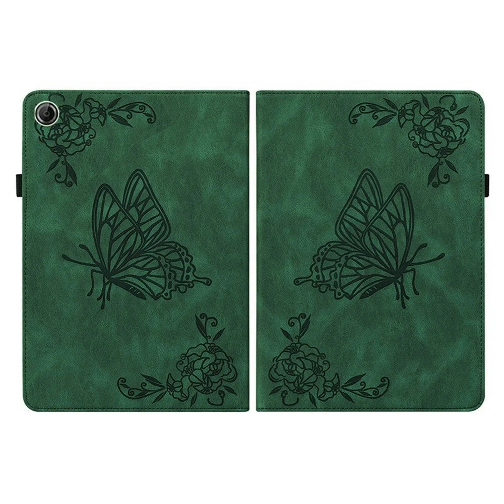 For Lenovo Tab K9 Case Butterfly Flower Imprint PU Leather Tablet Cover with Card Slots - Green - 7