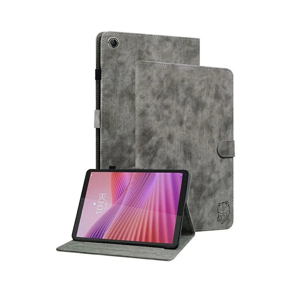 For Lenovo Tab K9 Case Tiger Imprint Anti-Scratch PU Leather Tablet Cover - Grey - 1