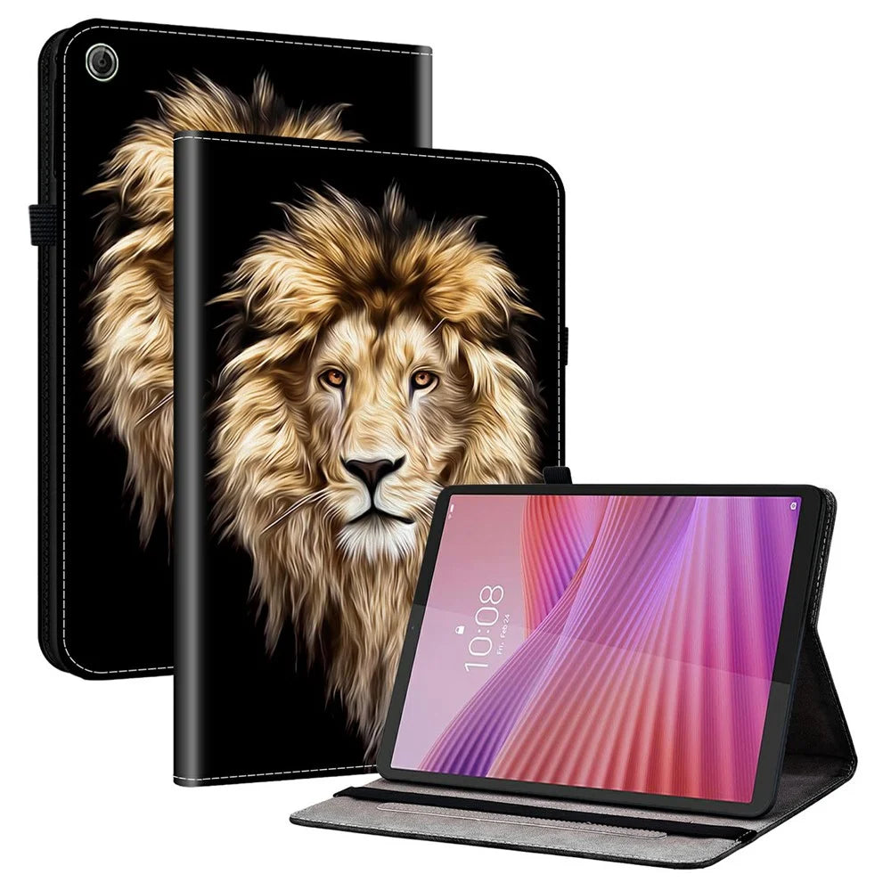 For Lenovo Tab K9 Leather Case Pattern Printed Stand Tablet Cover with Card Slots - Lion Head - 1
