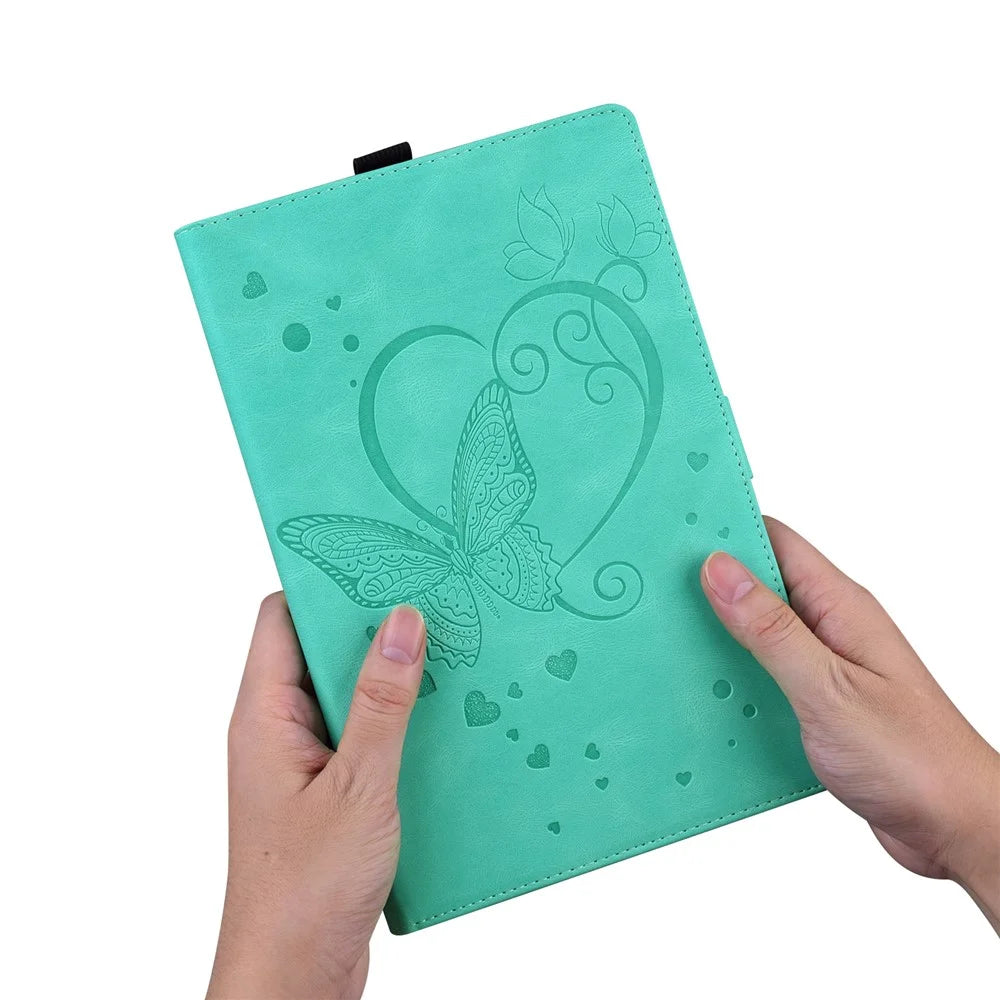 For Samsung Galaxy Tab A11 X133 X130 / Tab A9 Leather Case Imprinted Butterfly Tablet Cover Stand Card Slot - Green - 7