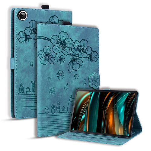 For Samsung Galaxy Tab A11 X133 X130 / Tab A9 Case Card Slots Leather Tablet Stand Folio Cover Flower Cat - Green - 1