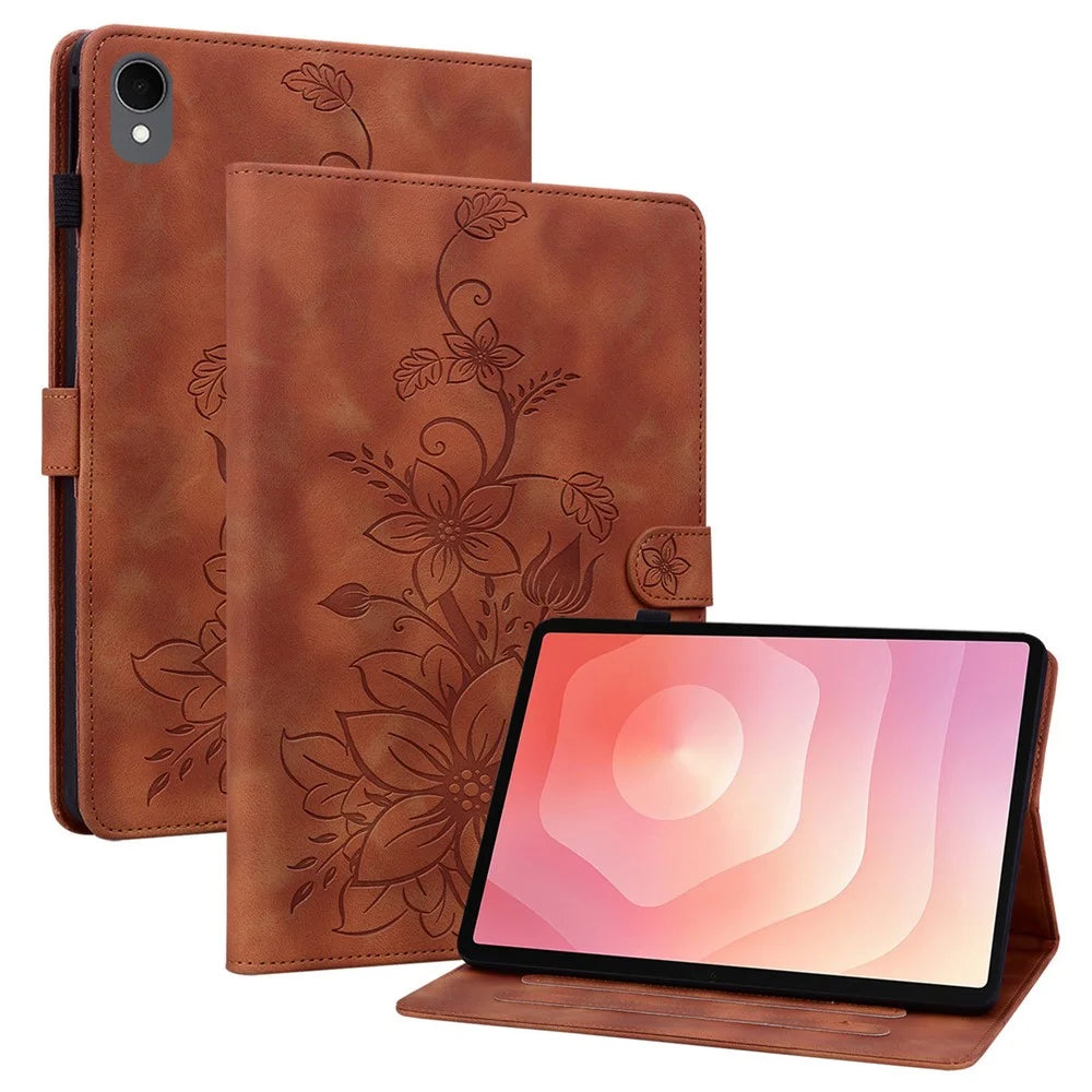 For Samsung Galaxy Tab S11 Case Lily Flower Imprint Card Slots Leather Tablet Cover - Brown - 1