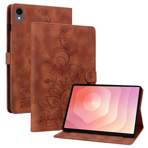 For Samsung Galaxy Tab S11 Case Lily Flower Imprint Card Slots Leather Tablet Cover - Brown - 1