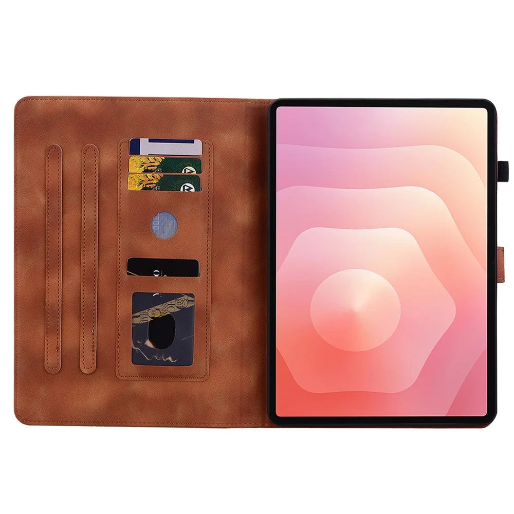 For Samsung Galaxy Tab S11 Case Lily Flower Imprint Card Slots Leather Tablet Cover - Brown - 2