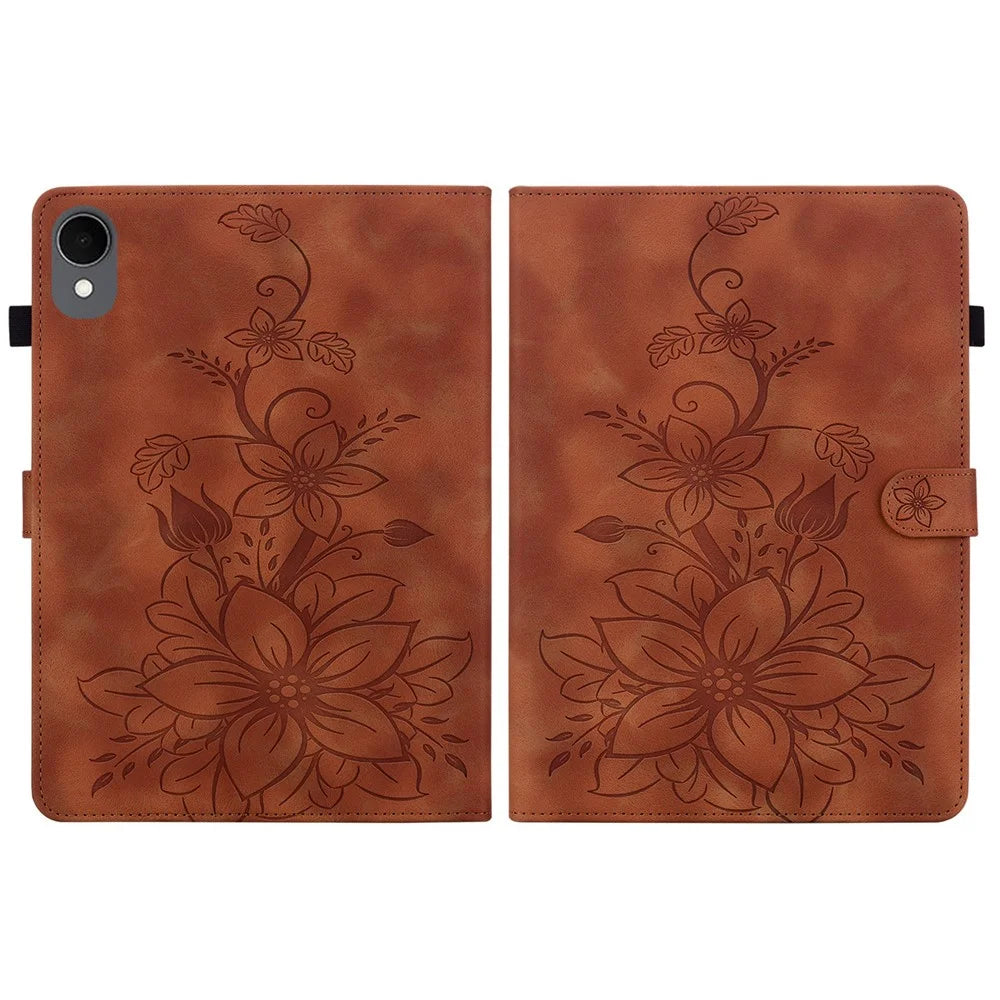 For Samsung Galaxy Tab S11 Case Lily Flower Imprint Card Slots Leather Tablet Cover - Brown - 5