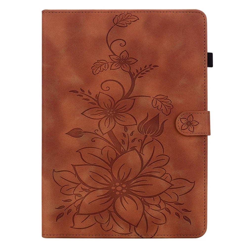 For Samsung Galaxy Tab S11 Case Lily Flower Imprint Card Slots Leather Tablet Cover - Brown - 6
