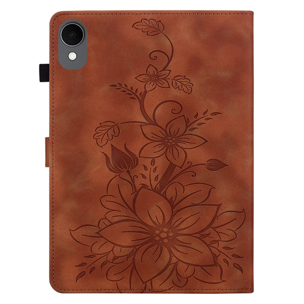 For Samsung Galaxy Tab S11 Case Lily Flower Imprint Card Slots Leather Tablet Cover - Brown - 7