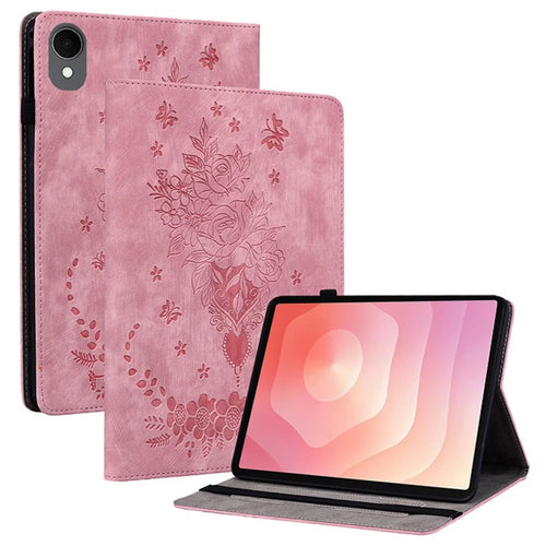 For Samsung Galaxy Tab S11 Case Card Holder Anti-Scratch Leather Cover Rose Flower Imprint - Pink - 1