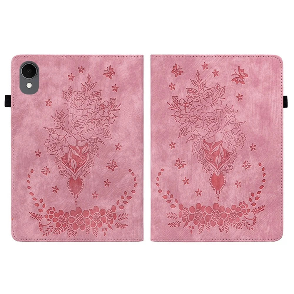For Samsung Galaxy Tab S11 Case Card Holder Anti-Scratch Leather Cover Rose Flower Imprint - Pink - 5