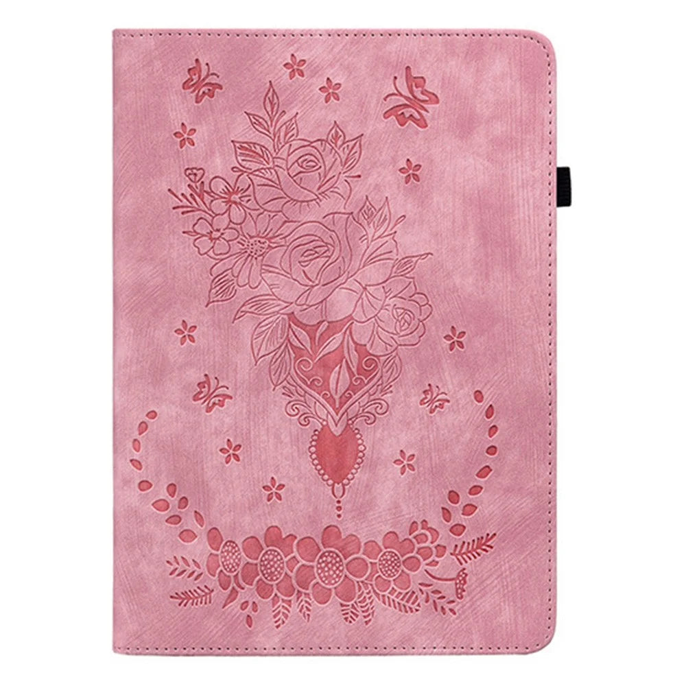 For Samsung Galaxy Tab S11 Case Card Holder Anti-Scratch Leather Cover Rose Flower Imprint - Pink - 6