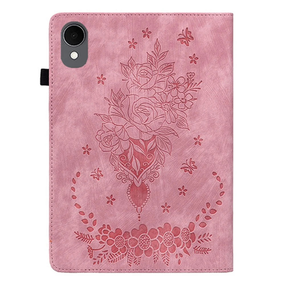 For Samsung Galaxy Tab S11 Case Card Holder Anti-Scratch Leather Cover Rose Flower Imprint - Pink - 7