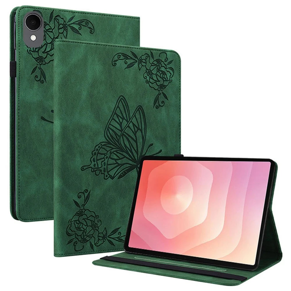 For Samsung Galaxy Tab S11 Case Butterfly Flower Imprint PU Leather Tablet Cover with Card Slots - Green - 1