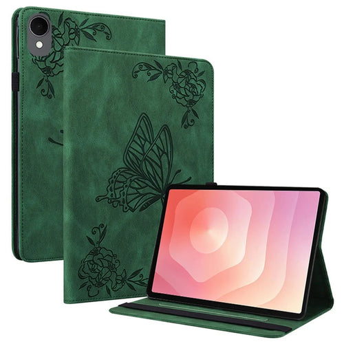 For Samsung Galaxy Tab S11 Case Butterfly Flower Imprint PU Leather Tablet Cover with Card Slots - Green - 1