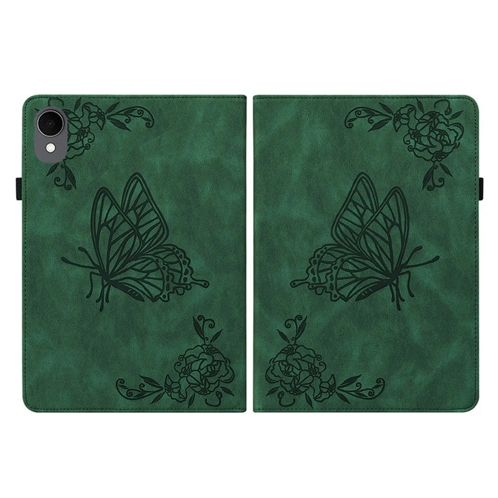 For Samsung Galaxy Tab S11 Case Butterfly Flower Imprint PU Leather Tablet Cover with Card Slots - Green - 5