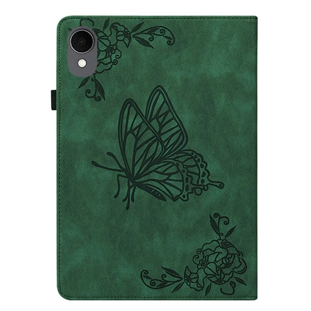 For Samsung Galaxy Tab S11 Case Butterfly Flower Imprint PU Leather Tablet Cover with Card Slots - Green - 7
