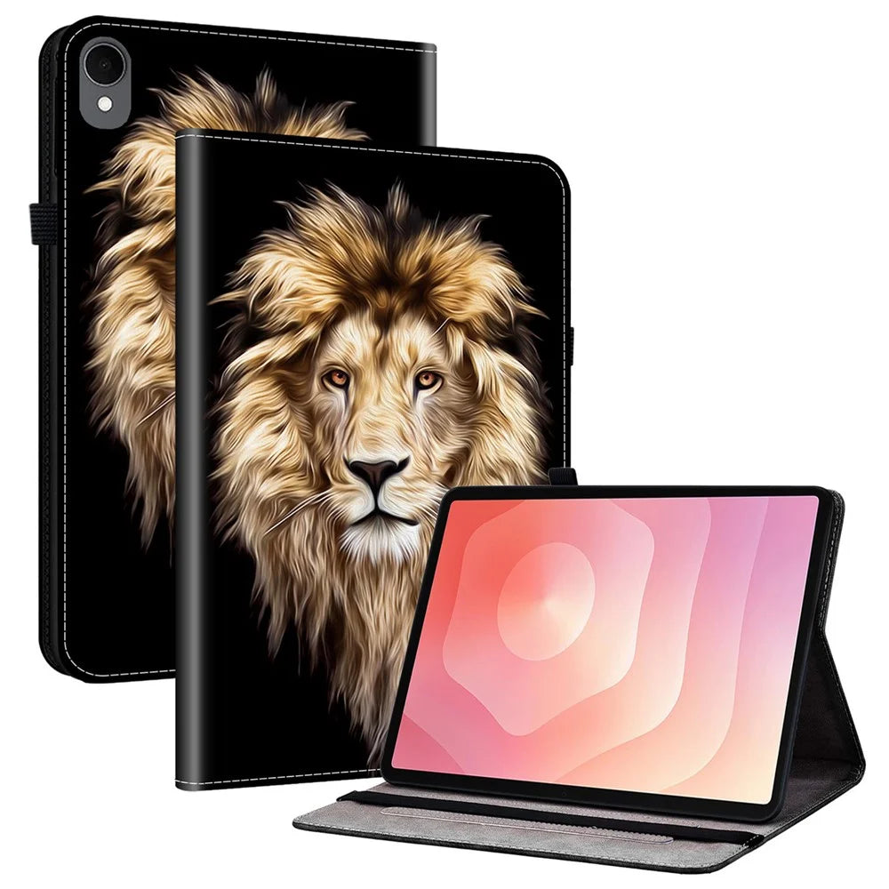 For Samsung Galaxy Tab S11 Leather Case Pattern Printed Stand Tablet Cover with Card Slots - Lion Head - 1