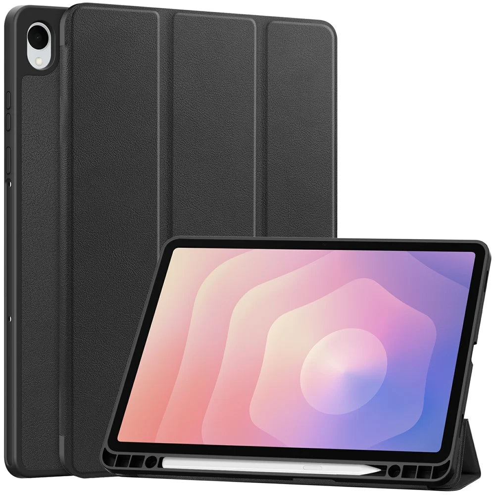 For Samsung Galaxy Tab S11 Stand Case Shock-Absorbent Leather Tablet Cover with Pen Slot - Black - 1