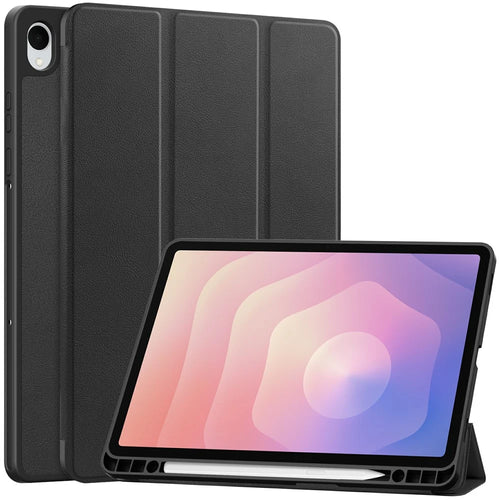 For Samsung Galaxy Tab S11 Stand Case Shock-Absorbent Leather Tablet Cover with Pen Slot - Black - 1