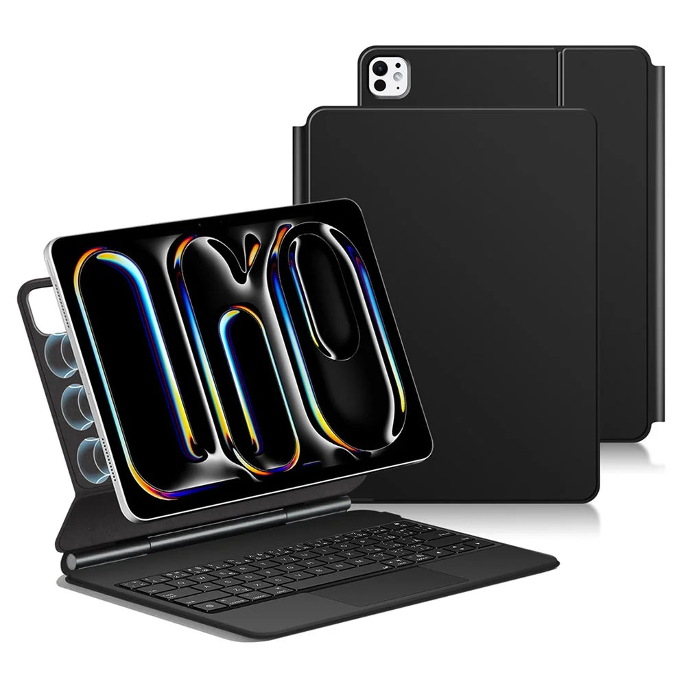 For iPad Pro 13 (2025) / 13 (2024) Smart Pogo Pin Direct Connection Keyboard (German Layout) + Leather Tablet Case - Black - 1