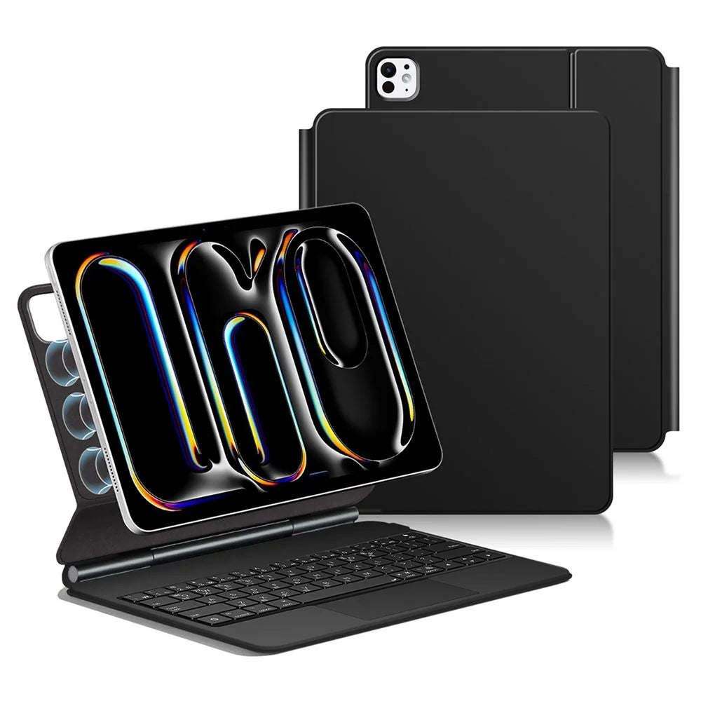 For iPad Pro 13 (2025) / 13 (2024) Smart Pogo Pin Direct Connection Keyboard (Korean Layout) + Leather Tablet Case - Black - 1