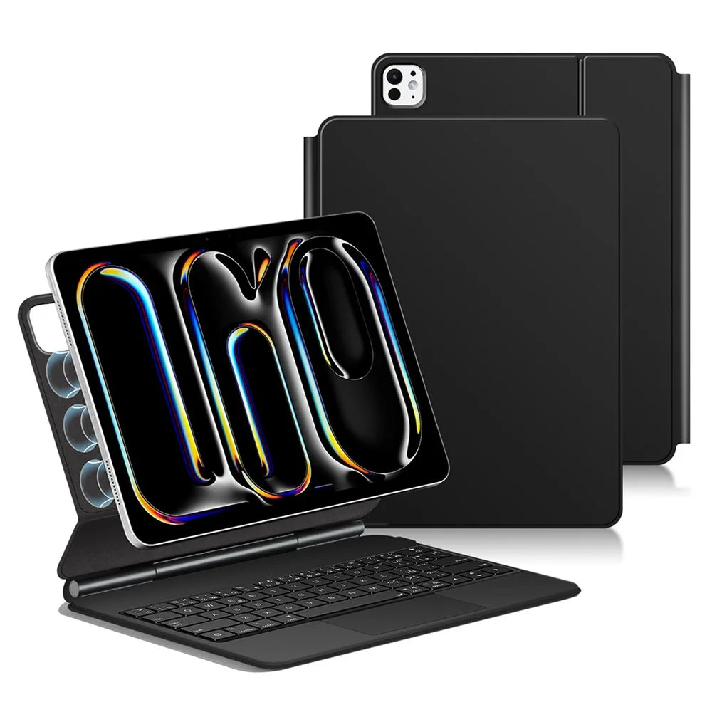 For iPad Pro 13 (2025) / 13 (2024) Smart Pogo Pin Direct Connection Keyboard (Spanish Layout) + Leather Tablet Case - Black - 1