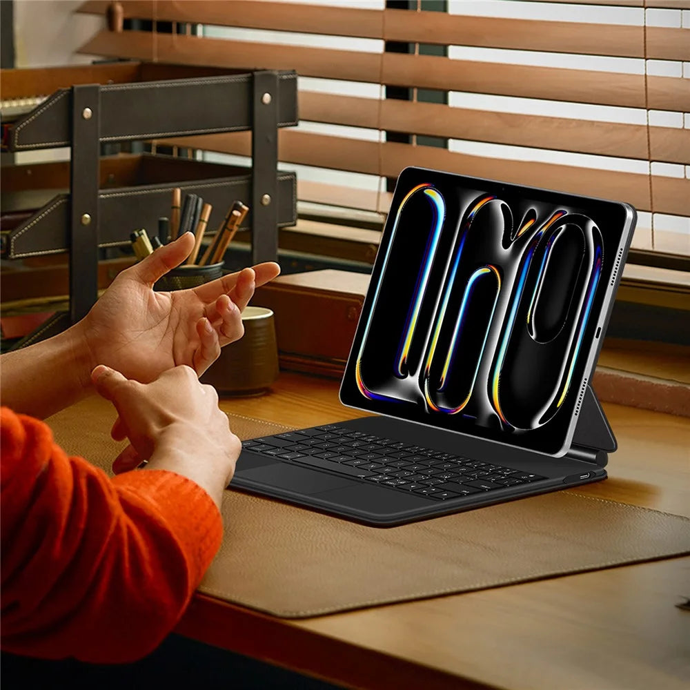 For iPad Pro 13 (2025) / 13 (2024) Smart Pogo Pin Direct Connection Keyboard (Spanish Layout) + Leather Tablet Case - Black - 6