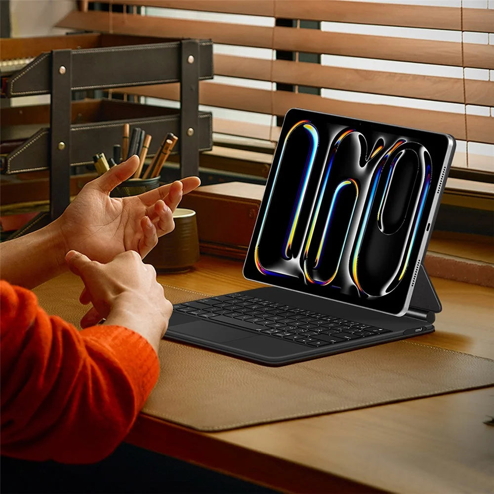For iPad Pro 11 (2025) / 11 (2024) Smart Pogo Pin Direct Connection Keyboard (Spanish Layout) + Leather Tablet Case - Black - 6
