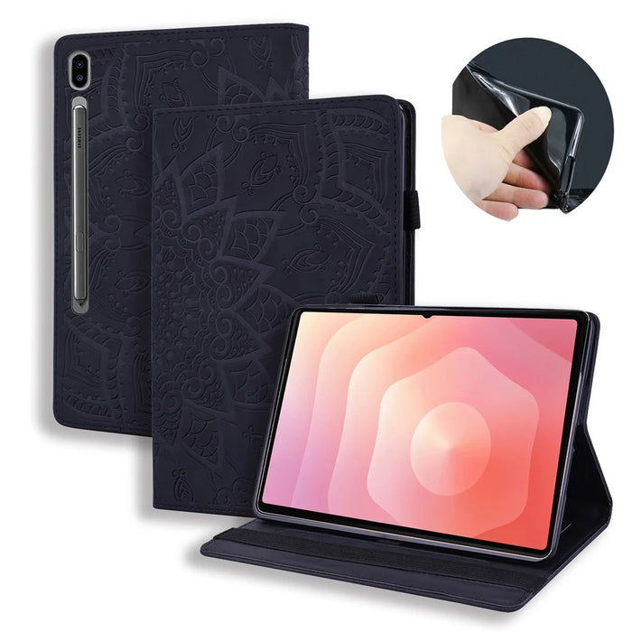 For Samsung Galaxy Tab S11 Ultra Tablet Case Card Slots Leather Cover Flower Pattern - Black - 1