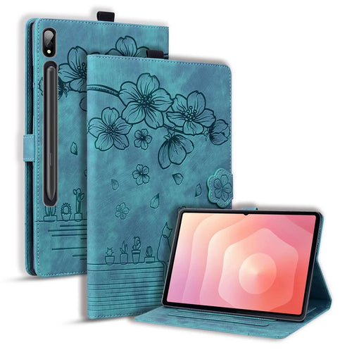 For Samsung Galaxy Tab S11 Ultra Case Card Slots Leather Tablet Stand Folio Cover Flower Cat - Green - 1