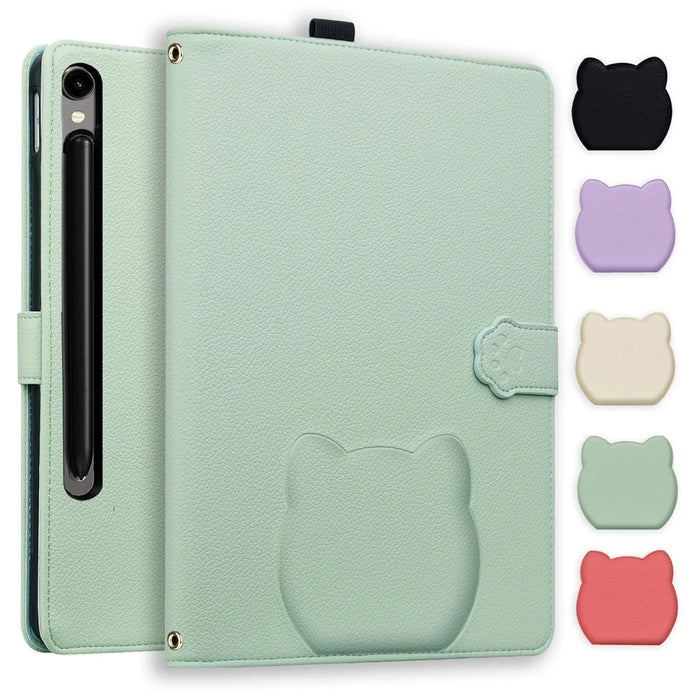 For Samsung Galaxy Tab S11 Ultra Wallet Case Leather Stand Tablet Cover with Stylus Holder, 3D Effect Cat Pattern - Green - 1