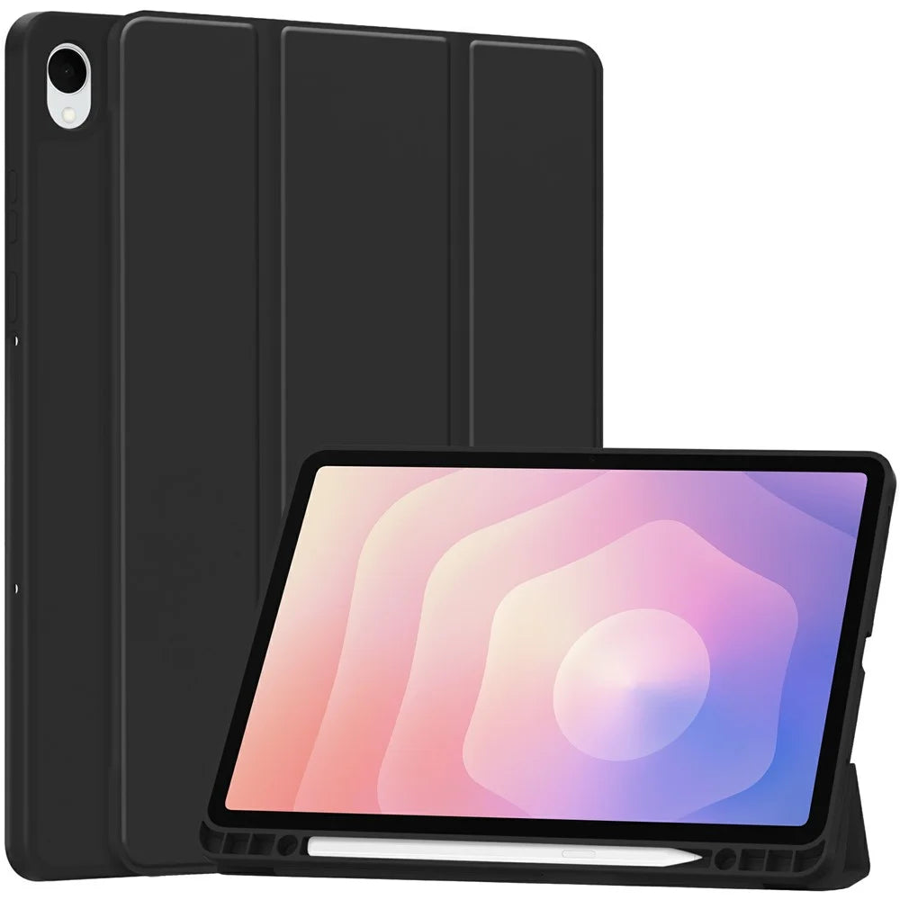 For Samsung Galaxy Tab S11 Case Trifold Stand Solid Color Leather Tablet Cover with Pen Slot - Black - 1