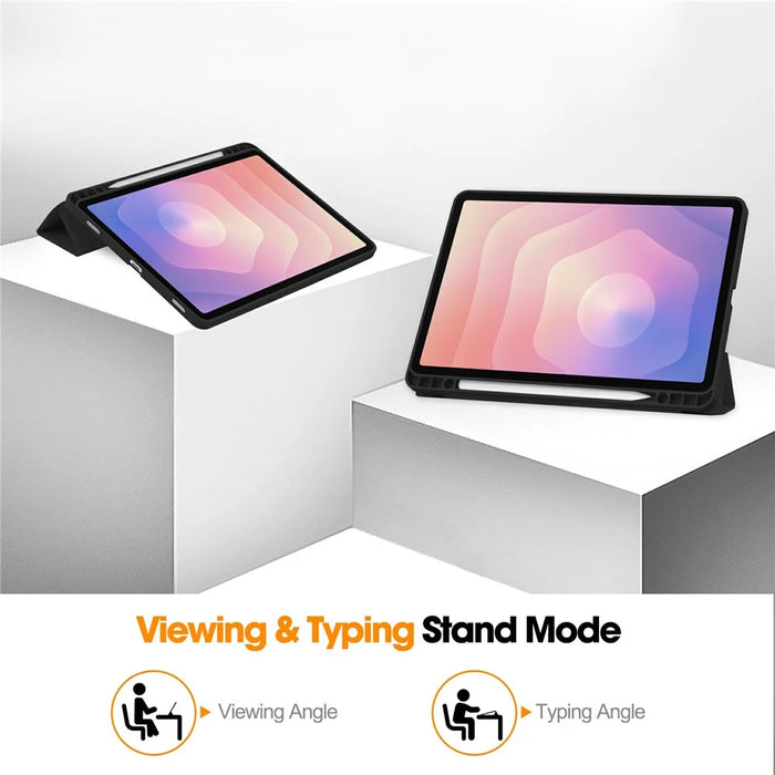 For Samsung Galaxy Tab S11 Case Trifold Stand Solid Color Leather Tablet Cover with Pen Slot - Black - 4