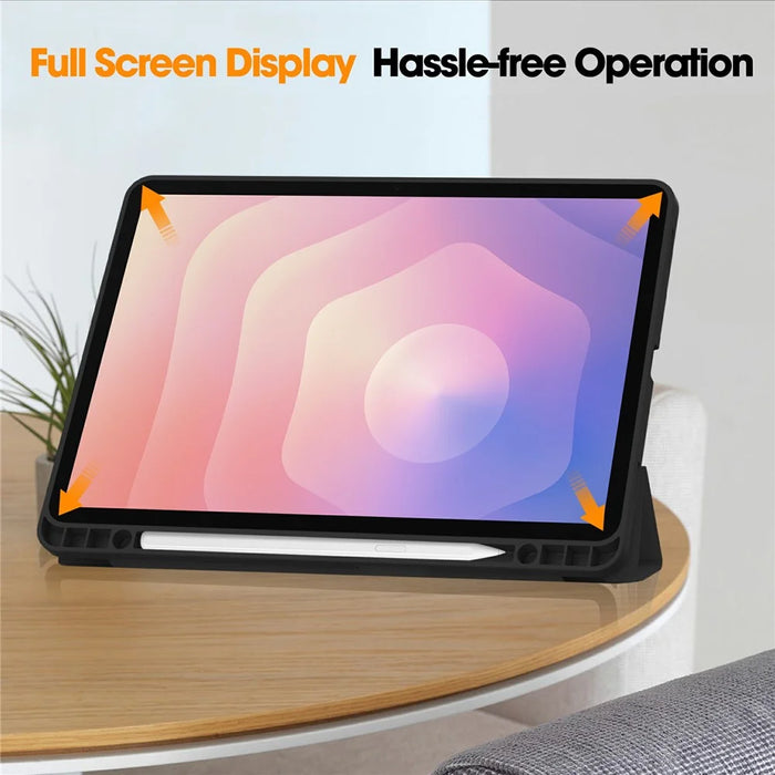 For Samsung Galaxy Tab S11 Case Trifold Stand Solid Color Leather Tablet Cover with Pen Slot - Black - 5