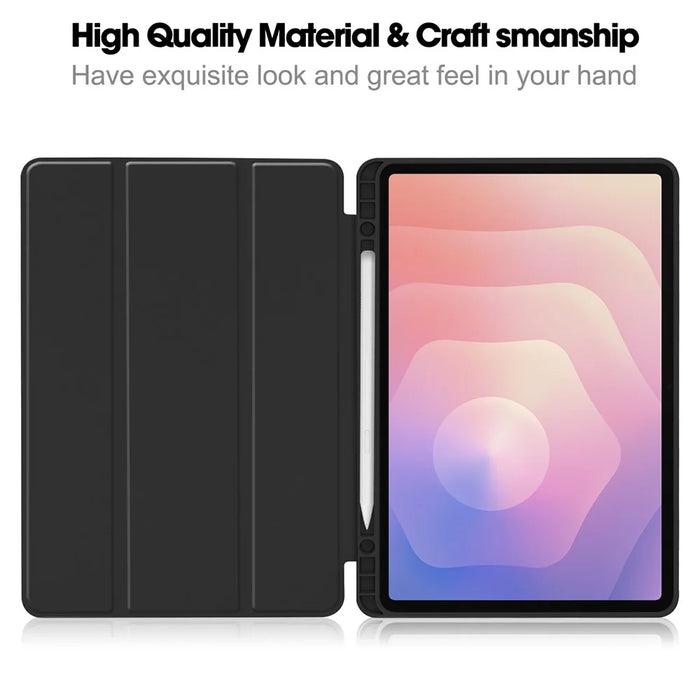 For Samsung Galaxy Tab S11 Case Trifold Stand Solid Color Leather Tablet Cover with Pen Slot - Black - 6