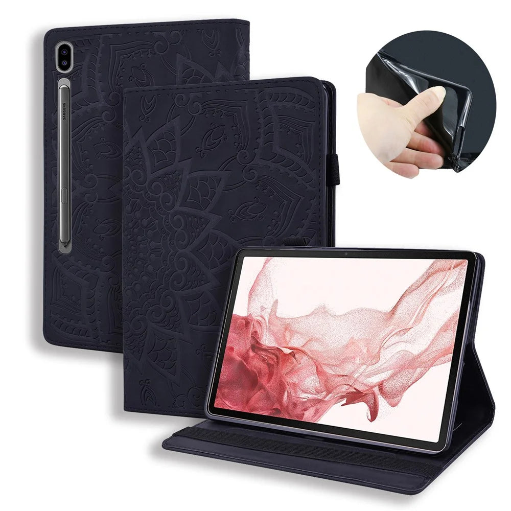 For Samsung Galaxy Tab S10 Ultra / S9 Ultra / S8 Ultra Tablet Case Card Slots Leather Cover Flower Pattern - Black - 1