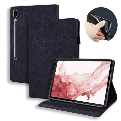 For Samsung Galaxy Tab S10 Ultra / S9 Ultra / S8 Ultra Tablet Case Card Slots Leather Cover Flower Pattern - Black - 1
