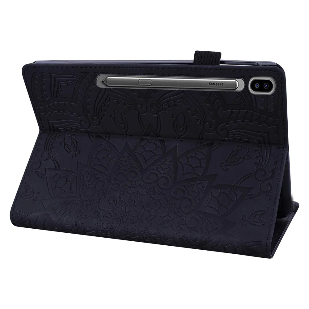For Samsung Galaxy Tab S10 Ultra / S9 Ultra / S8 Ultra Tablet Case Card Slots Leather Cover Flower Pattern - Black - 3