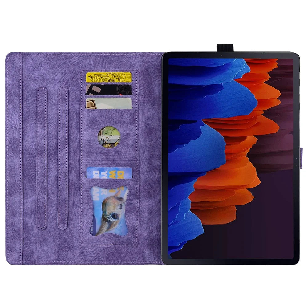 For Samsung Galaxy Tab S10 Ultra / S9 Ultra / S8 Ultra Case Card Slots Leather Tablet Stand Folio Cover Flower Cat - Purple - 2