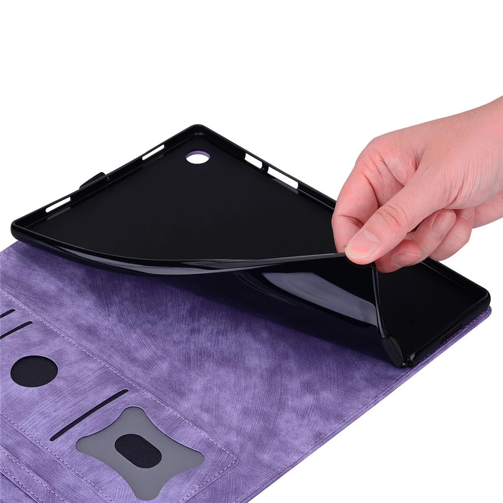 For Samsung Galaxy Tab S10 Ultra / S9 Ultra / S8 Ultra Case Card Slots Leather Tablet Stand Folio Cover Flower Cat - Purple - 4