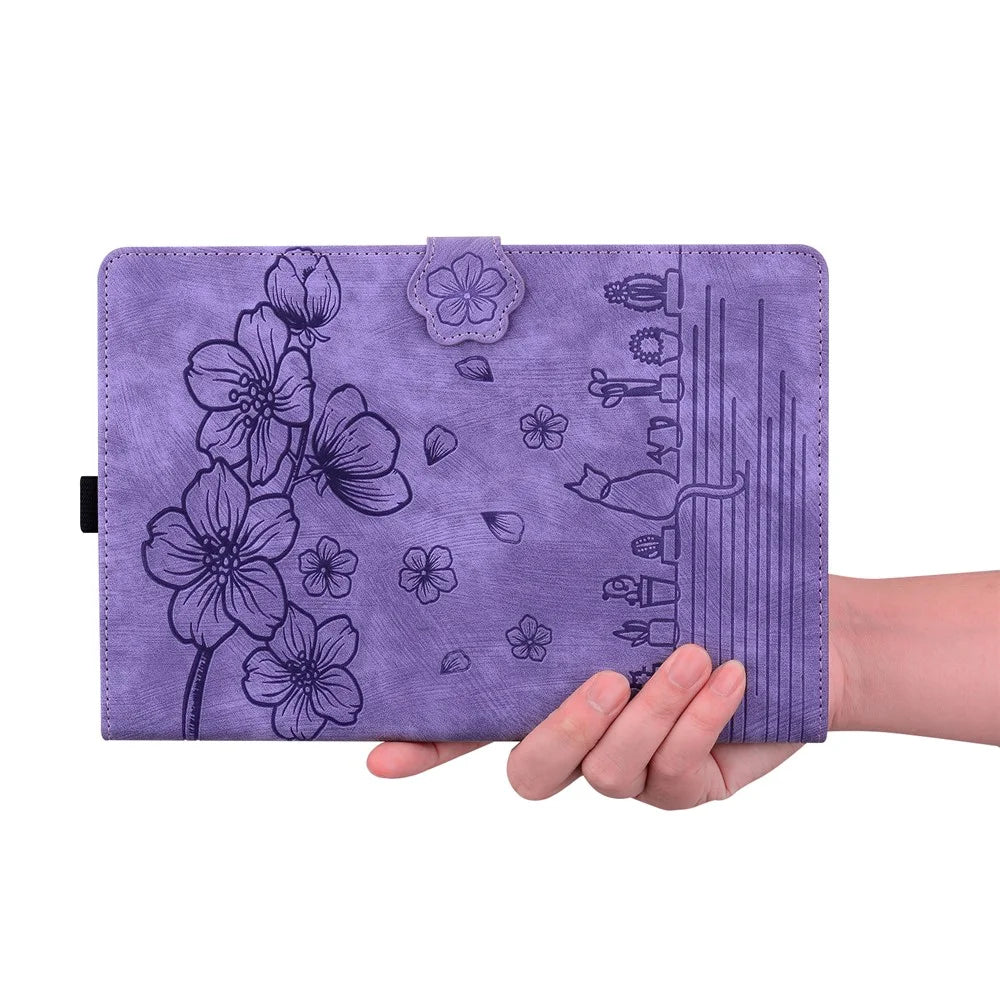 For Samsung Galaxy Tab S10 Ultra / S9 Ultra / S8 Ultra Case Card Slots Leather Tablet Stand Folio Cover Flower Cat - Purple - 5
