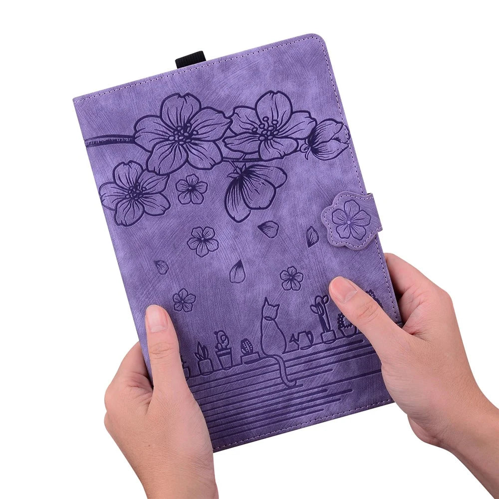 For Samsung Galaxy Tab S10 Ultra / S9 Ultra / S8 Ultra Case Card Slots Leather Tablet Stand Folio Cover Flower Cat - Purple - 6