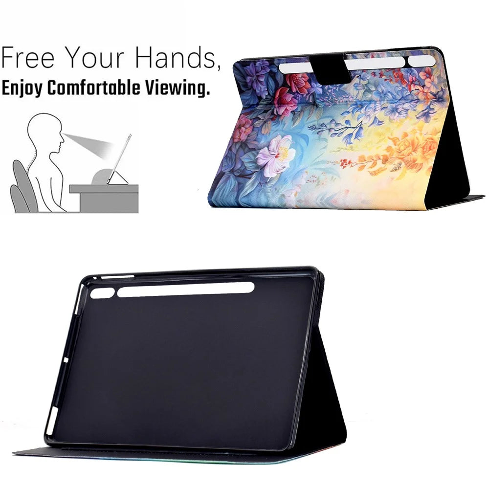 Leather Case for Samsung Galaxy Tab S10 Lite / S10 FE / S9 FE / S9 Pattern Painting Card Slots Stand Tablet Cover with Auto Sleep / Wake - Blossom - 7