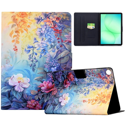 For Samsung Galaxy Tab A11  /  A9 Case Colorful Pattern Painting Card Slots Stand Leather Tablet Cover with Auto Sleep  /  Wake - Blossom - 1