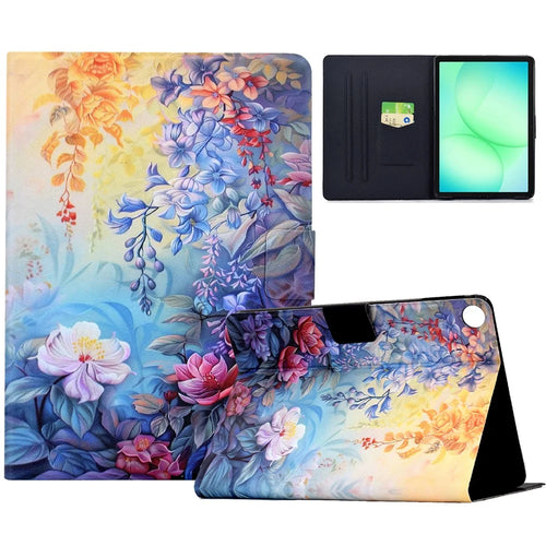 For Samsung Galaxy Tab A11+  /  A9+ Case Colorful Pattern Painting Card Slots Stand Leather Tablet Cover with Auto Sleep  /  Wake - Blossom - 1