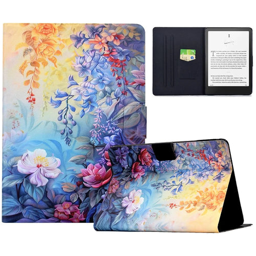For Amazon Kindle Paperwhite (2024) Case Colorful Pattern Painting Card Slots Stand Leather Tablet Cover with Auto Sleep  /  Wake - Blossom - 1