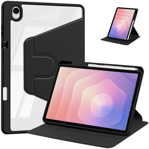 For Samsung Galaxy Tab S11 Case Rotating Stand PU Leather Clear Acrylic Back Tablet Cover with Pen Slot - Black - 1