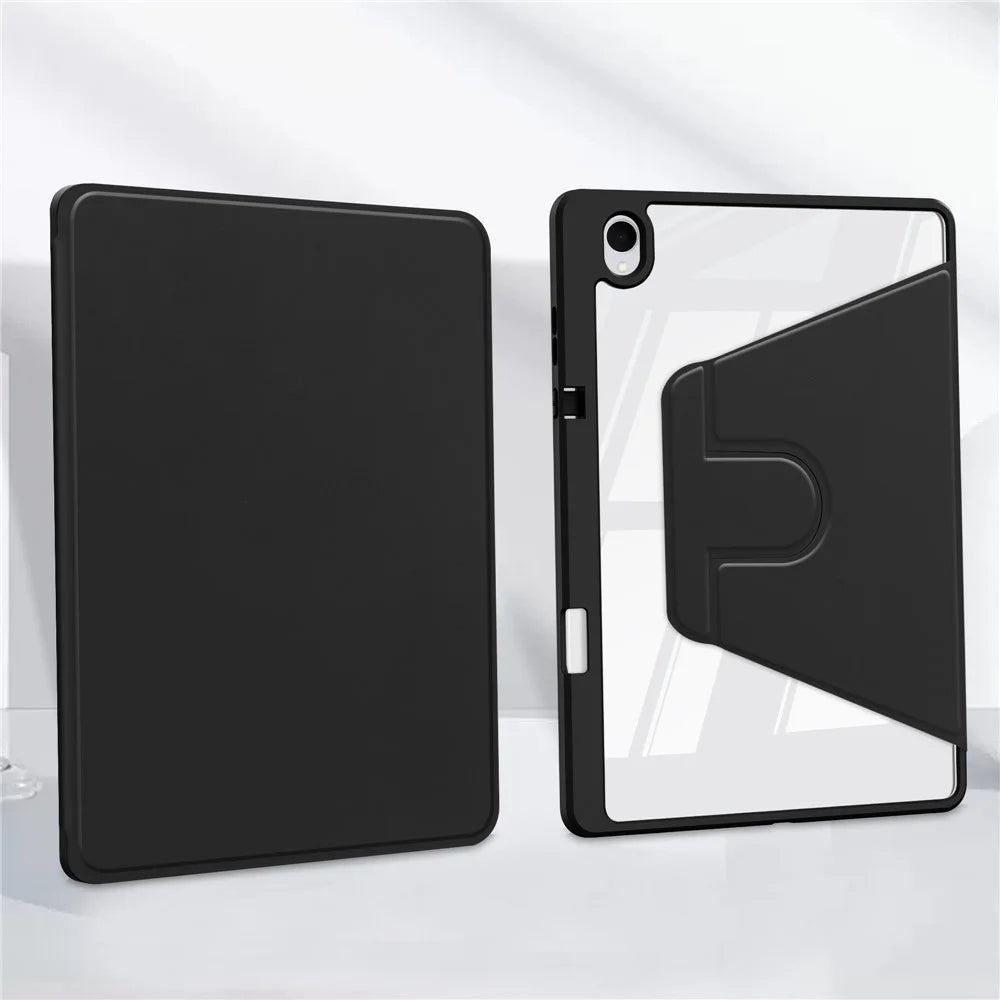 For Samsung Galaxy Tab S11 Case Rotating Stand PU Leather Clear Acrylic Back Tablet Cover with Pen Slot - Black - 6