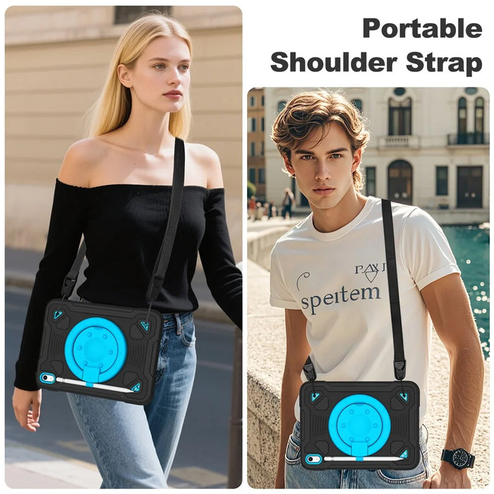 For iPad (2025) / iPad 10.9 (2022) Case Kickstand Space Planet PC + Silicone Tablet Cover with Shoulder Strap - Black + Blue - 3