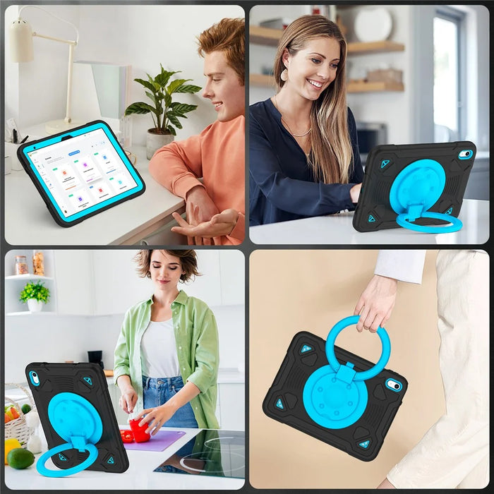 For iPad (2025) / iPad 10.9 (2022) Case Kickstand Space Planet PC + Silicone Tablet Cover with Shoulder Strap - Black + Blue - 4